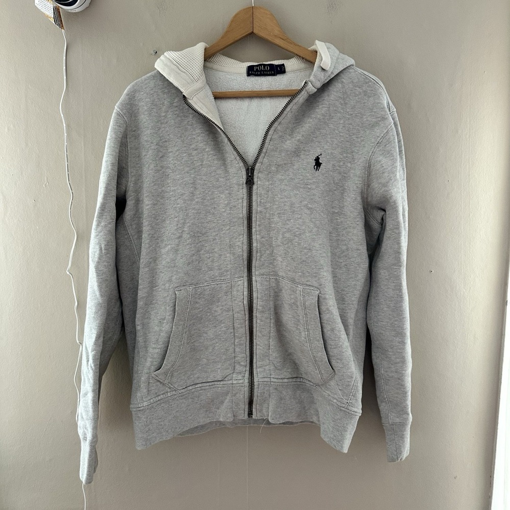Polo Ralph Lauren Mens Zip Up Hoodie Size L Gray Knit Preppy Casual Lined Fleece